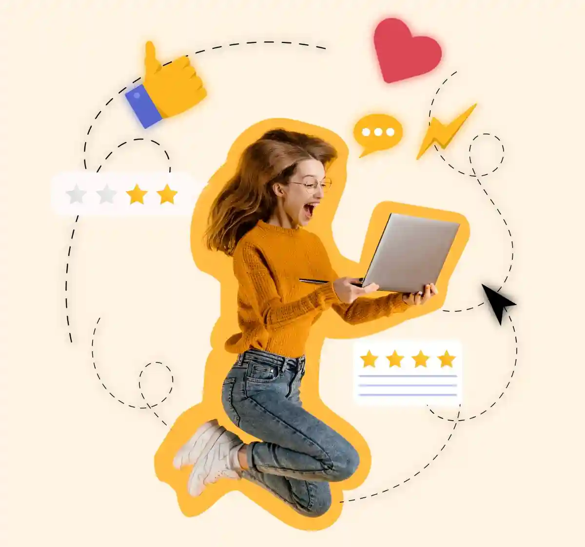 happy hotelier with laptop after receiving multiple booking